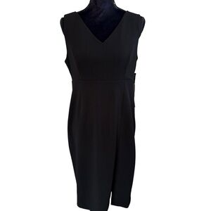 DKNY Black Sheath Midi Dress V-Neck Sleeveless with Gold Back Accents